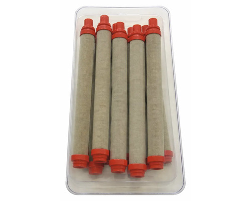 Airless filtre pre striekacie pištole, jemné filtre s pletivom a červenými plastovými koncovkami v plastovom obale.