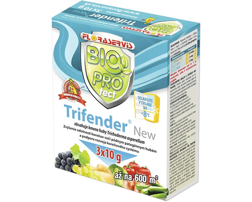 Floraservis Trifender New Bio Protect s Trichoderma asperellum, 3 krát 10 gramov na 600 metrov štvorcových, skladujte v chlade do 8 stupňov Celzia.