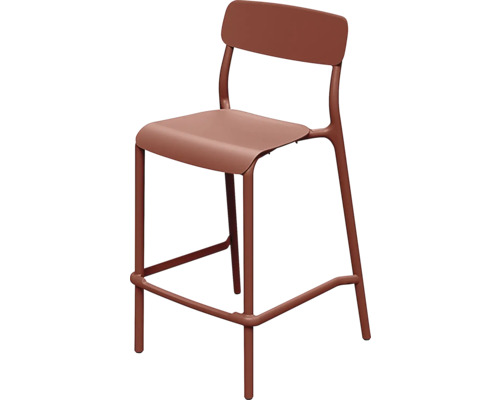 Kovová barová stolička s operadlom a opierkou na nohy v červenohnedej farbe.