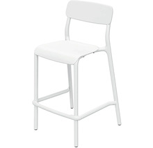 Biela barová stolička s operadlom a integrovanou opierkou na nohy.