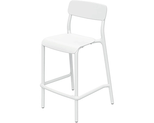 Biela barová stolička s operadlom a integrovanou opierkou na nohy.