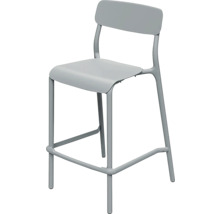 Sivá barová stolička s operadlom a opierkou na nohy z kovu.