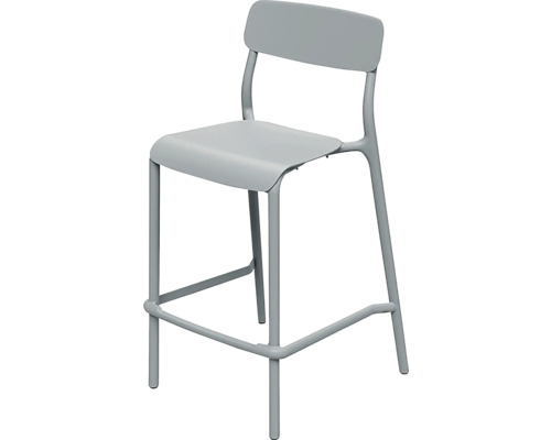 Sivá barová stolička s operadlom a opierkou na nohy z kovu.
