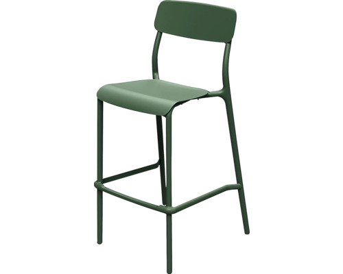 Barová stolička s operadlom a opierkou na nohy z kovu, tmavozelená