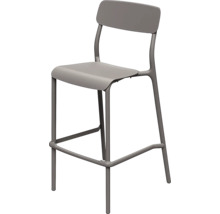 Moderná sivá barová stolička s operadlom a opierkou na nohy, kovový rám a plastové sedadlo.