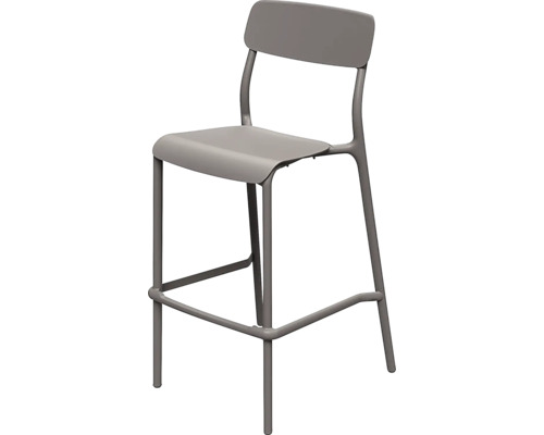 Moderná sivá barová stolička s operadlom a opierkou na nohy, kovový rám a plastové sedadlo.