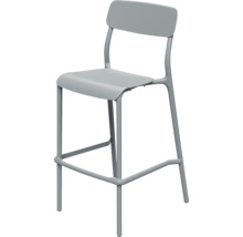 Sivá barová stolička s operadlom a opierkou nôh z kovu.