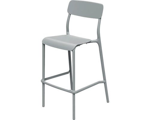 Sivá barová stolička s operadlom a opierkou nôh z kovu.