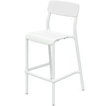 Biela barová stolička s operadlom a opierkou na nohy z kovu a plastu.