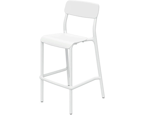 Biela barová stolička s operadlom a opierkou na nohy z kovu a plastu.