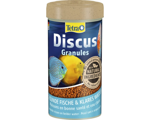Krmivo pre terčovce Tetra Discus 250 ml Dóza krmiva pre ryby Tetra Discus Granules pre terčovce s prírodnými zložkami bez farbív a konzervačných látok.
