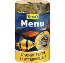 Krmivo pre okrasné ryby Tetra Menu so štyrmi druhmi krmiva. Tetra Logo. Prírodné zložky, bez konzervantov a farbív.