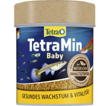 Krmivo pre mladé ryby TetraMin Baby s prírodnými zložkami bez konzervantov a farbív. Logo Tetra.