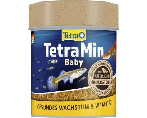 Krmivo pre mladé ryby TetraMin Baby s prírodnými zložkami bez konzervantov a farbív. Logo Tetra.