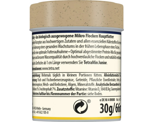 Zadná strana balenia krmiva TetraMin Baby, mikrovločky pre mladé ryby so zložením, odporúčaním na kŕmenie a hmotnosťou 30 gramov.