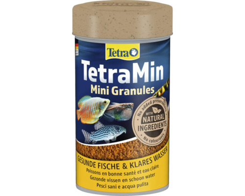 Logo Tetra, krmivo TetraMin Mini Granules, prírodné zložky, bez konzervantov a farbív, pre zdravé ryby a čistú vodu.