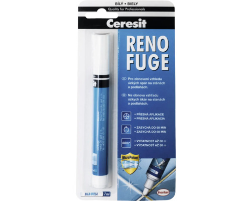 Ceresit Reno Fuge fixka na obnovu úzkych škár na stenách a podlahách, zasychá do 60 minút, výdatnosť až 60 metrov.