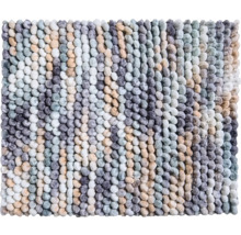 Viacfarebná kúpeľňová predložka s hrubou slučkovou štruktúrou z hrubých okrúhlych textilných vlákien.