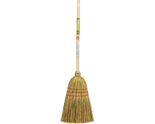 Detská ryžová metla FloraSelf s drevenou násadou, FloraSelf Logo a pečať pre pedagogicky hodnotnú hračku.