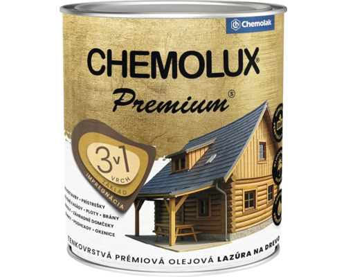 Chemolux Premium tenkovrstvová olejová lazúra na drevo, 3 v 1 impregnácia, základ a vrch. Chemolak Logo.
