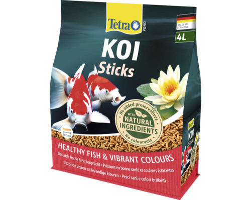 Krmivo Tetra Pond Koi Sticks pre ryby, 4 litre, vyrobené v Nemecku, prírodné zloženie, bez konzervantov a farbív.