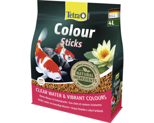 Krmivo pre ryby v jazierku Tetra Pond Colour Sticks, 4 litre, s prírodnými zložkami pre čistú vodu a sýte farby.