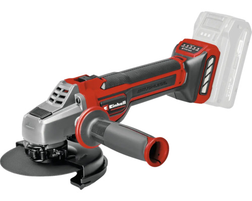 Akumulátorová uhlová brúska Einhell Professional v červenej a čiernej farbe s bezkefkovým motorom, prídavnou rukoväťou a ochranným krytom.