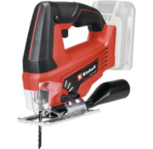 Akumulátorová priamočiara píla Einhell s oblúkovou rukoväťou, pílovým listom, priehľadným chráničom proti trieskam a adaptérom na odsávanie.