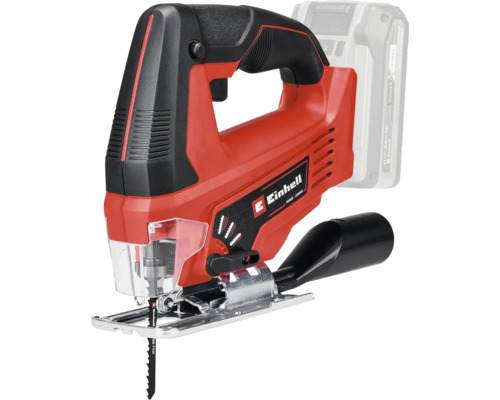 Akumulátorová priamočiara píla Einhell s oblúkovou rukoväťou, pílovým listom, priehľadným chráničom proti trieskam a adaptérom na odsávanie.