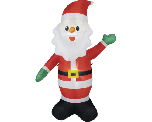 Nafukovací Santa Claus v červenej a bielej farbe so zelenými rukavicami, mávajúci, vianočná dekorácia na vonkajšie použitie.