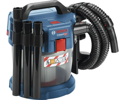 Akumulátorový vysávač na mokré a suché vysávanie Bosch Professional GAS 18 Volt-10 litrov, trieda prachu L, s priehľadnou nádobou. Logo Bosch.