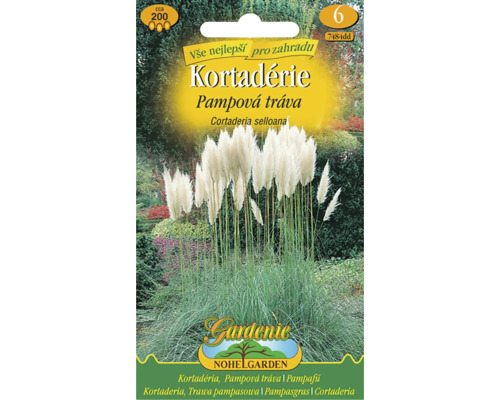 Balenie semien pampovej trávy Cortaderia selloana s bielymi kvetenstvami, obsah circa 200 semien, Nohelgarden Logo.