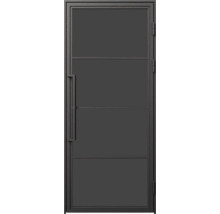 Čierne loftové dvere z ocele a skla so štyrmi poliami a vertikálnym madlom.