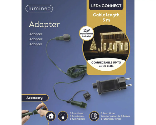 Adaptér Lumineo pre LED systémy s 12-wattovým transformátorom, 5-metrovým káblom, 8 funkciami a 8-hodinovým časovačom. Logo Lumineo.