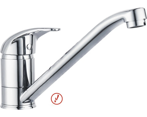 Jednopáková drezová batéria z chrómovaného kovu s dlhým výtokom pre nízkotlakové systémy.