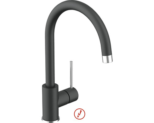 Čierna matná kuchynská batéria s vysokým výtokom v tvare C a chrómovou pákou, vhodná pre nízkotlakové systémy.
