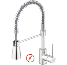 Nízkotlaková drezová batéria s profesionálnou sprchou, špirálovou pružinou a pákovým ovládaním, chrómová. Logo KEO.