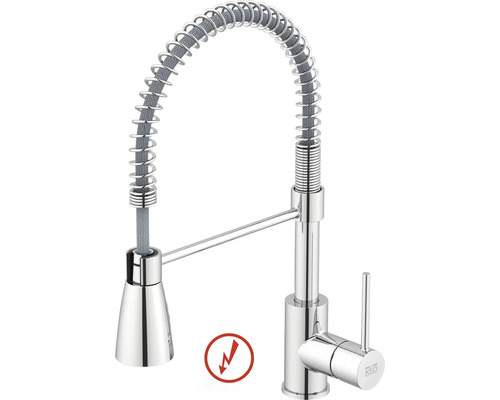 Nízkotlaková drezová batéria s profesionálnou sprchou, špirálovou pružinou a pákovým ovládaním, chrómová. Logo KEO.