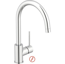 Nízkotlaková drezová batéria s vysokým otočným výtokom a bočnou ovládacou pákou z chrómovaného kovu.