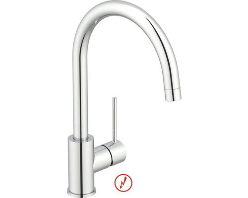 Nízkotlaková drezová batéria s vysokým otočným výtokom a bočnou ovládacou pákou z chrómovaného kovu.