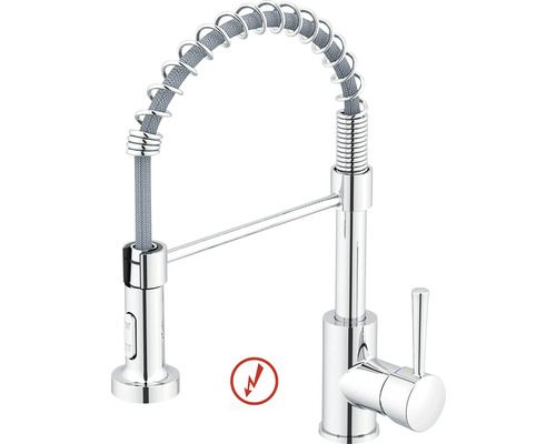 Kuchynská batéria v chróme s flexibilným výtokom, špirálovou pružinou a vyťahovacou sprchou na riad, vhodná pre nízky tlak.
