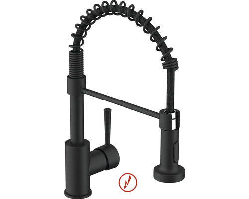 Kuchynská batéria s flexibilnou sprchou, páková batéria, čierna, nízkotlaková