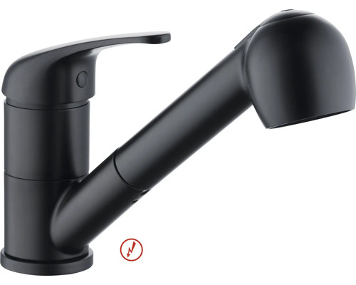 Čierna matná drezová batéria s vyťahovacou sprchou a pákovým ovládaním, vhodná pre nízky tlak.