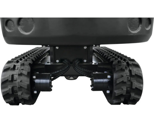 Podvozok minibagra s čiernymi gumovými pásmi a hydraulickým pohonom.