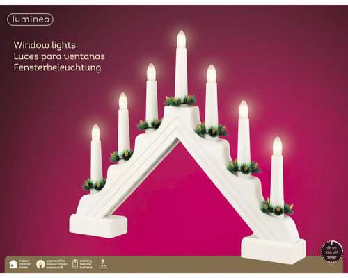 Lumineo LED svietnik so 7 sviečkami, biely, teplé biele svetlo, pre vnútorné použitie, napájanie na batérie a 6-hodinový časovač.