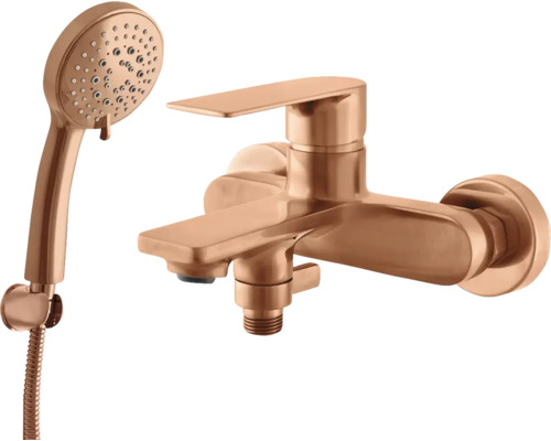 Vaňová batéria s ručnou sprchou a sprchovou hadicou v medenom vzhľade pre montáž na stenu