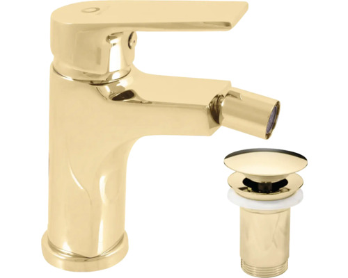 Páková bidetová batéria s nastaviteľným perlátorom a prislúchajúcou odtokovou súpravou v zlatom vyhotovení.