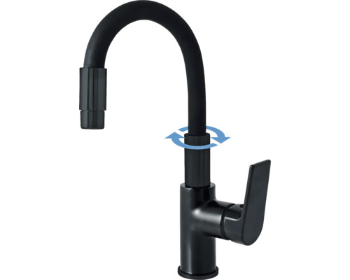 Čierna kuchynská batéria s vysokým okrúhlym výtokom, páková batéria a rozsahom otáčania 360 stupňov.