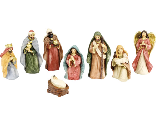 8-dielna súprava figúrok do betlehema, vrátane Ježiška, Márie, Jozefa, troch kráľov, pastiera a anjela, materiál polyresin.