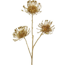 Umelá vetva s tromi zlatými kvetmi leucospermum a trblietkami.